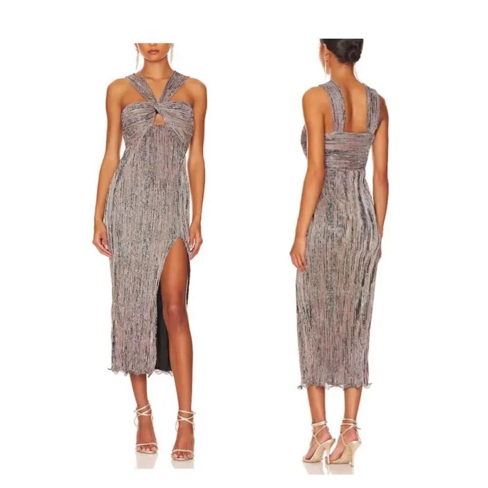Saylor Noen Halter Neck Dress Cut Out Metallic Mid